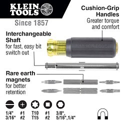 Klein® 32500MAG 11-in-1 Magnetic Screwdriver/Nutdriver, 3/8 in, 5/16 in, 1/4 in, Cushion Grip Handle, Black/Yellow Handle, Yes Magnetized Tip