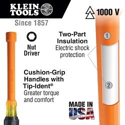 Klein® 33524 9-Piece Nutdriver Set, 3/16 in, 1/4 in, 5/16 in, 11/32 in, 3/8 in, 7/16 in, 1/2 in, 9/16 in, 5/8 in, Cushion Grip Handle, No Magnetized Tip