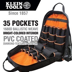 Klein® Tradesman Pro™ 55475 35-Pocket Tool Gear Zipper Closure Tool Bag Backpack, 1680D Ballistic Weave/PVC Coated Diamond Textured, Black/Gray/Orange