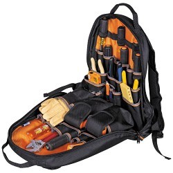 Klein® Tradesman Pro™ 55475 35-Pocket Tool Gear Zipper Closure Tool Bag Backpack, 1680D Ballistic Weave/PVC Coated Diamond Textured, Black/Gray/Orange