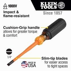 Klein® 6924INS Slim-Tip Screwdriver, 1/4 in Cabinet Point, 8.31 in OAL, Rubber Handle, ASTM F-1505-16, IEC 60900:2018