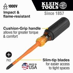 Klein® 6934INS Slim-Tip Screwdriver, #2 Phillips® Point, 8.31 in OAL, Rubber Handle, ASTM F-1505-16, IEC 60900:2018