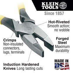 Klein® D2000-9NECR Lineman's Plier with Crimping, 1.375 in Nominal Capacity, 9.34 in Overall Length, No Insulated