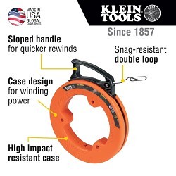 Klein® 56331 Fish Tape, 0.125 in W x 0.045 in THK Tape, 50 ft L Tape, Double Loop Profile, Steel Tape, Black/Orange