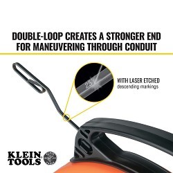 Klein® 56331 Fish Tape, 0.125 in W x 0.045 in THK Tape, 50 ft L Tape, Double Loop Profile, Steel Tape, Black/Orange