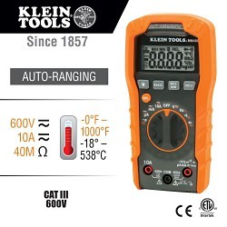 Klein® MM400 Digital Multimeter, 600 VAC/DC, 10 A AC/DC, 40 Mohm, 600 VAC/DC, 10 A, 40 MOhm, LCD