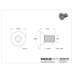 MCMASTER-CARR® 90236A166 Flat Head Screw, Measurement System: Metric, M8-1.25, 16 mm Overall Length, Steel, Flat, Zinc Plated, Torx Drive