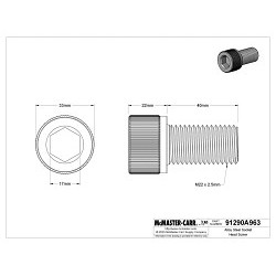 MCMASTER-CARR® 91290A963 Socket Cap Screw, Fully Threaded, Measurement System: Metric, M22-2.5, 40 mm Overall Length, Alloy Steel, 12.9 Grade