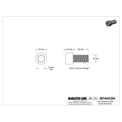 MCMASTER-CARR® 96144A294 Socket Cap Screw, Fully Threaded, Right Hand Thread, Measurement System: Metric, M12-1.75, 25 mm Overall Length, Alloy Steel, 12.9 Grade