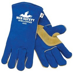 MCR Safety 4500M Welding Gloves, Medium, #8, Split Select Shoulder Cow Skin Leather, Blue, Foam, Gauntlet Cuff, 13 in Length, 1.1 - 1.6 mm Glove Material Thickness, Wing Thumb