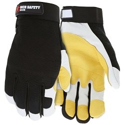 MCR Safety 906L Mechanics Work Gloves, Double Palm Patch, Large, #9, Goatskin with Cowhide Palm, Nylon/Spandex, White/Black/Yellow, Hook & Loop Cuff, Resists: Puncture, Abrasion, Heat, Unlined