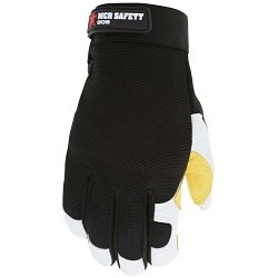 MCR Safety 906L Mechanics Work Gloves, Double Palm Patch, Large, #9, Goatskin with Cowhide Palm, Nylon/Spandex, White/Black/Yellow, Hook & Loop Cuff, Resists: Puncture, Abrasion, Heat, Unlined