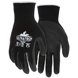 MCR Safety 9674INXL Work Gloves, X-Large, #10, Micro Foam Nitrile Coating, 15 ga Nylon/Spandex Shell, Knit Wrist Cuff, Resists: Cut, Abrasion, Puncture, A1 ANSI Cut-Resistance Level, 2 ANSI Puncture-Resistance Level, Black, White Hem, Hemmed