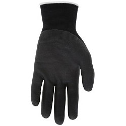 MCR Safety 9674INXL Work Gloves, X-Large, #10, Micro Foam Nitrile Coating, 15 ga Nylon/Spandex Shell, Knit Wrist Cuff, Resists: Cut, Abrasion, Puncture, A1 ANSI Cut-Resistance Level, 2 ANSI Puncture-Resistance Level, Black, White Hem, Hemmed