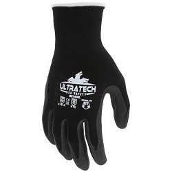 MCR Safety 9674INXL Work Gloves, X-Large, #10, Micro Foam Nitrile Coating, 15 ga Nylon/Spandex Shell, Knit Wrist Cuff, Resists: Cut, Abrasion, Puncture, A1 ANSI Cut-Resistance Level, 2 ANSI Puncture-Resistance Level, Black, White Hem, Hemmed