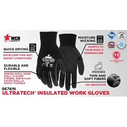 MCR Safety 9674INXL Work Gloves, X-Large, #10, Micro Foam Nitrile Coating, 15 ga Nylon/Spandex Shell, Knit Wrist Cuff, Resists: Cut, Abrasion, Puncture, A1 ANSI Cut-Resistance Level, 2 ANSI Puncture-Resistance Level, Black, White Hem, Hemmed