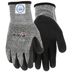 MCR Safety N9690TCL Work Gloves, Large, #9, Bi-Polymer Coating, Nitrile/Bi-Polymer, Knit Wrist Cuff, Resists: Cut, Abrasion, Puncture, A5 ANSI Cut-Resistance Level, 4 ANSI Puncture-Resistance Level, Black, White Hem, Hemmed