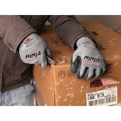 MCR Safety N9690TCL Work Gloves, Large, #9, Bi-Polymer Coating, Nitrile/Bi-Polymer, Knit Wrist Cuff, Resists: Cut, Abrasion, Puncture, A5 ANSI Cut-Resistance Level, 4 ANSI Puncture-Resistance Level, Black, White Hem, Hemmed