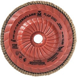 MERCER® 349T120 Flap Disc, 4-1/2 in Disc Dia, 5/8-11 Center Hole, 120 Grit, Ceramic Abrasive, Trimmable Disc