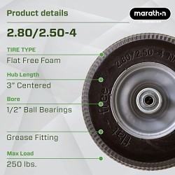 Marathon 00026 Flat Free Wheel, 275 lb, 8-5/8 in Outside Dia, 2-11/16 in Dia Rim, Polyurethane Wheel, Steel Rim