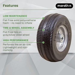 Marathon 00026 Flat Free Wheel, 275 lb, 8-5/8 in Outside Dia, 2-11/16 in Dia Rim, Polyurethane Wheel, Steel Rim