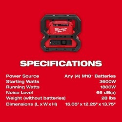 Milwaukee® 2845-20 Standard Carry On Generator, 120 V, 15 A, 1800, 3600 W Power Rating