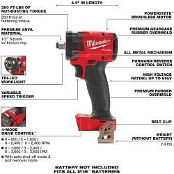 Milwaukee® 2855-20 Cordless Impact Wrench, 1/2 in Drive, 250 ft-lb, 18 V, 4.9 in Overall Length, No Battery Included