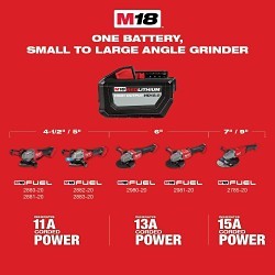 Milwaukee® M18™ FUEL™ 2888-20 Angle Cordless Variable Speed Braking Grinder, 5 in Dia Wheel, 5/8-11 UNC Arbor/Shank, 18 V, M18™ REDLITHIUM™ Lithium-Ion Battery, Paddle Switch