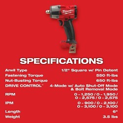 Milwaukee® 2962P-22R M18 Mid-Torque Wrench, 1/2 in Drive 4-Mode Drive, 250 ft-lb Torque Rating, 18 V, 6 in OAL