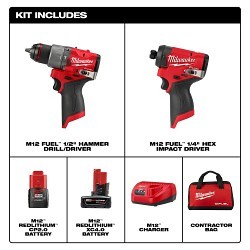 Milwaukee® 3497-22 M12 2-Tool Combination Kit, Tools: Hammer Drill, Impact Driver, 12 VDC, 2.0, 4.0 Ah Battery M12™ REDLITHIUM™ Battery