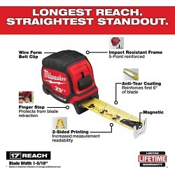 Milwaukee® 48-22-0225M Tape Measure, 25 ft Blade Length, 1-5/16 in Blade Width, Steel Blade, Graduations: 1 ft, 1/16 in, 1/2 in, 1/4 in, 1/8 in