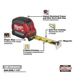 Milwaukee® 48-22-0316 Tape Measure, 16 ft Blade Length, 1 in Blade Width, Steel Blade, Graduations: 1 ft, 1/16 in, 1/2 in, 1/4 in, 1/8 in