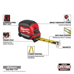 Milwaukee® 48-22-0325G Tape Measure, 25 ft Blade Length, 2.33 in Blade Width, Nylon Blade