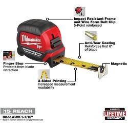 Milwaukee® 48-22-0325 Tape Measure, 25 ft Blade Length, 1 in Blade Width, Steel Blade, Graduations: 1 ft, 1/16 in, 1/2 in, 1/4 in, 1/8 in