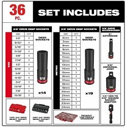 Milwaukee® SHOCKWAVE Impact Duty™ 49-66-6805 Socket Set, 3/8 in Drive, 36 Pieces, Included Socket Size: 1/4 in, 9/32 in, 5/16 in, 11/32 in, 3/8 in, 7/16 in, 1/2 in,  9/16 in, 5/8 in, 11/16 in, 3/4 in, Chrome Molybdenum Steel