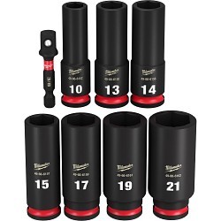 Milwaukee® SHOCKWAVE™ Impact Duty™ 49-66-7021 Deep Socket Set, ASME Specified, 6 Points, 3/8 in Drive, 8 Pieces, Hex, Included Socket Size: 10 mm, 13 mm, 14 mm, 15 mm, 17 mm, 19 mm, 21 mm and (1) 3/8 in, Case Container