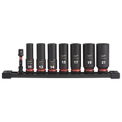 Milwaukee® SHOCKWAVE™ Impact Duty™ 49-66-7021 Deep Socket Set, ASME Specified, 6 Points, 3/8 in Drive, 8 Pieces, Hex, Included Socket Size: 10 mm, 13 mm, 14 mm, 15 mm, 17 mm, 19 mm, 21 mm and (1) 3/8 in, Case Container