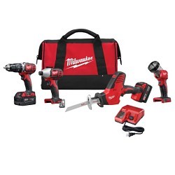 Milwaukee® 495-2695-24-FIWG Cordless 4-Tool Combo Kit, M18™ Compact 1/2" Hammer Drill/Driver, M18™ HACKZALL® Recip Saw, M18™ 1/4" Hex Impact Driver, M18™ Work Light, M18™ REDLITHIUM™ XC Extended Capacity Battery Battery