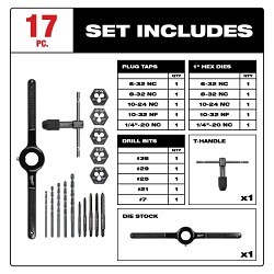 Milwaukee® 49-22-5600 Tap and Die Set, 17 Pieces, 6-32 NC, 8-32 NC, 10-24 NC, 10-32 NF, 1/4"-20 NC Tap Thread