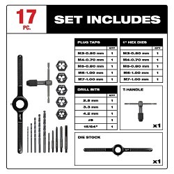 Milwaukee® 49-22-5601 Tap and Die Set, 17 Pieces, M3-0.50 mm, M4-0.70 mm, M5-0.80 mm, M6-1.00 mm, M7-1.0 mm Tap Thread