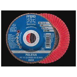 PFERD POLIFAN® 67611580 Performance Line SG Plain Arbor Hole Abrasive Flap Disc, 4-1/2 in Dia Disc, 7/8 in Center Hole, 80 Grit, Ceramic Oxide Abrasive, Type 27 Flat Disc