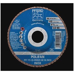 PFERD POLIFAN® 67611580 Performance Line SG Plain Arbor Hole Abrasive Flap Disc, 4-1/2 in Dia Disc, 7/8 in Center Hole, 80 Grit, Ceramic Oxide Abrasive, Type 27 Flat Disc