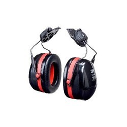 Earmuff, 27 dB Noise Reduction Rating, Black/Red, Cap Attached Band Position, ABS