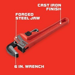 Proto® J806HD Heavy Duty Straight Pipe Wrench, 6 in OAL, Floating Hook Jaw, Cast Iron Handle, Federal GGG-W-00651D