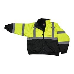 Radians® CrossFire® RADSJ210B2X/LOGO/ROGERS Bomber Jacket, Black/Hi-Viz Green, Polyester, 50-52 in Chest, Resists: Water, Specifications Met: ANSI/ISEA 107-2010 Class 3, 2X-Large