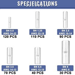 Sopoby D-BM-S102 Butt Connectors Kit, 24-8 AWG Conductor, Copper