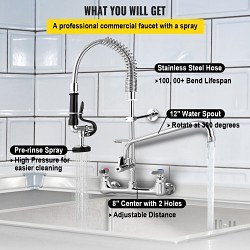 VEVOR 5803A-08 Commercial Faucet with Sprayer, Polished, 2 Handles, 8 in Center Distance, 1.42 gpm
