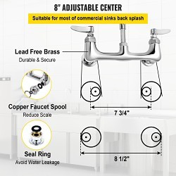VEVOR 5803A-08 Commercial Faucet with Sprayer, Polished, 2 Handles, 8 in Center Distance, 1.42 gpm