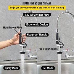 VEVOR 5803A-08 Commercial Faucet with Sprayer, Polished, 2 Handles, 8 in Center Distance, 1.42 gpm