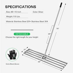 Vivoson B0BLC142KJ Lawn Level Rake, Stainless Steel Blade, 48 in Blade Length, 10 in Blade Width